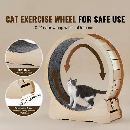 Cat exercise wheel with safety features and a cat using it indoors.