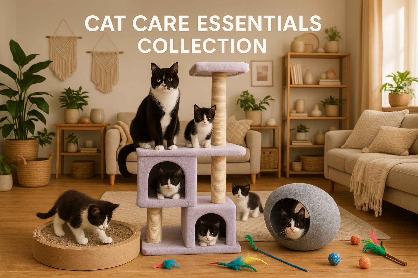 Cat care essentials collection with cats on a cat tree and in a cave in a cozy living room.