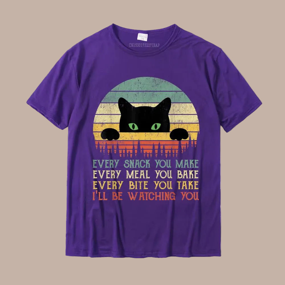 Purple t-shirt with a black cat graphic and text on a white background