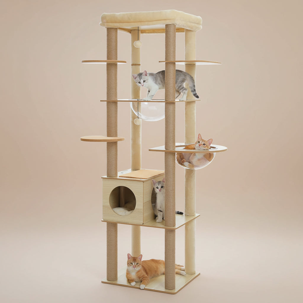 Cat tree with multiple levels and a cat on each level against a white background