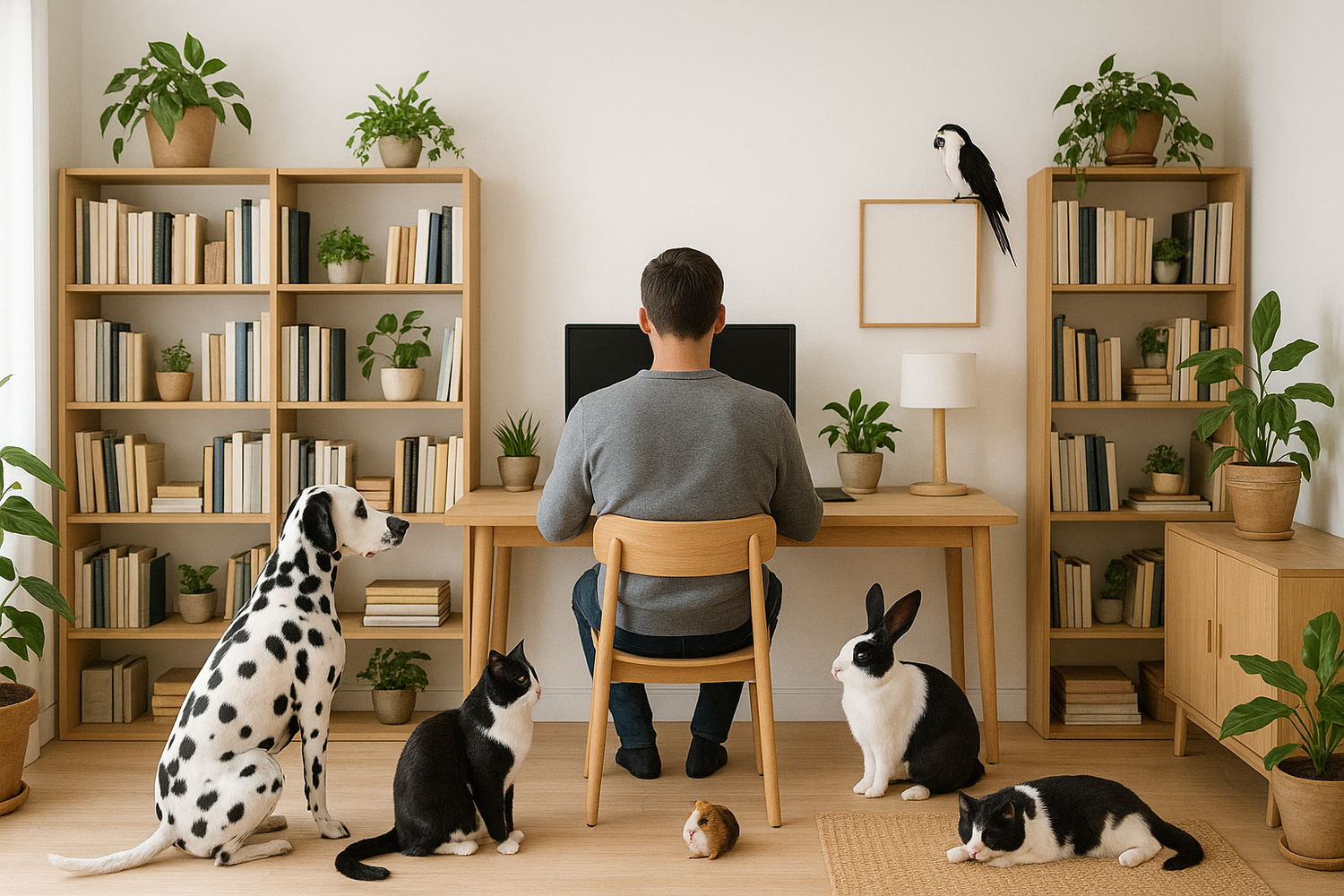 at a distance shot, detailed realistic image, back of man sitting at a desk in modern furnished home office, scandinavian design, plants, lots books on shelves, 2 black and white cats, 1 Dalmatian dog, add black and white bunny, guinea pig, parrot watching him work