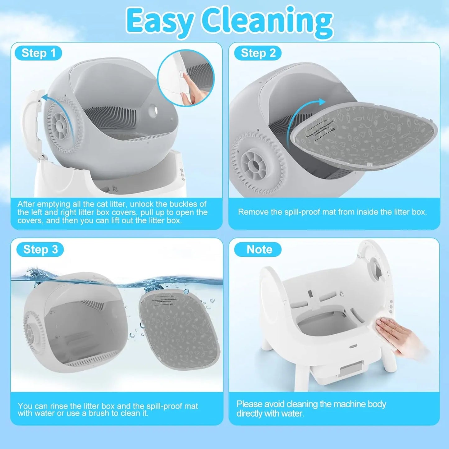 Step-by-step guide on cleaning a pet litter box with images and text instructions.