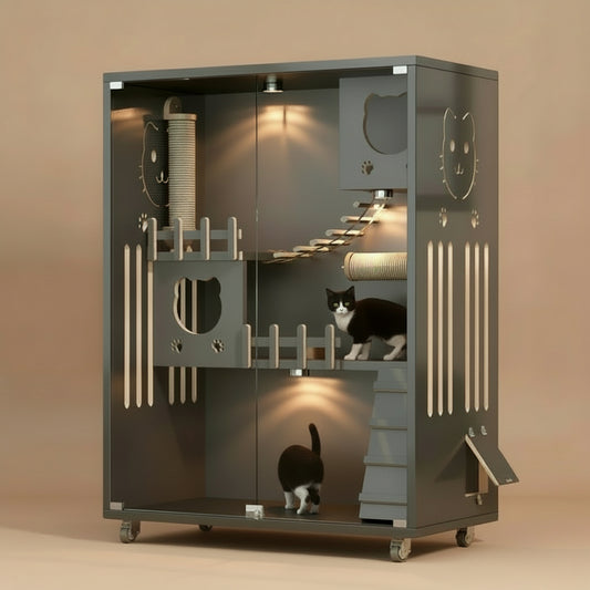 Desara Wooden Cat Villa, Large Cat Enclosure, Indoor Enclosed Cat House