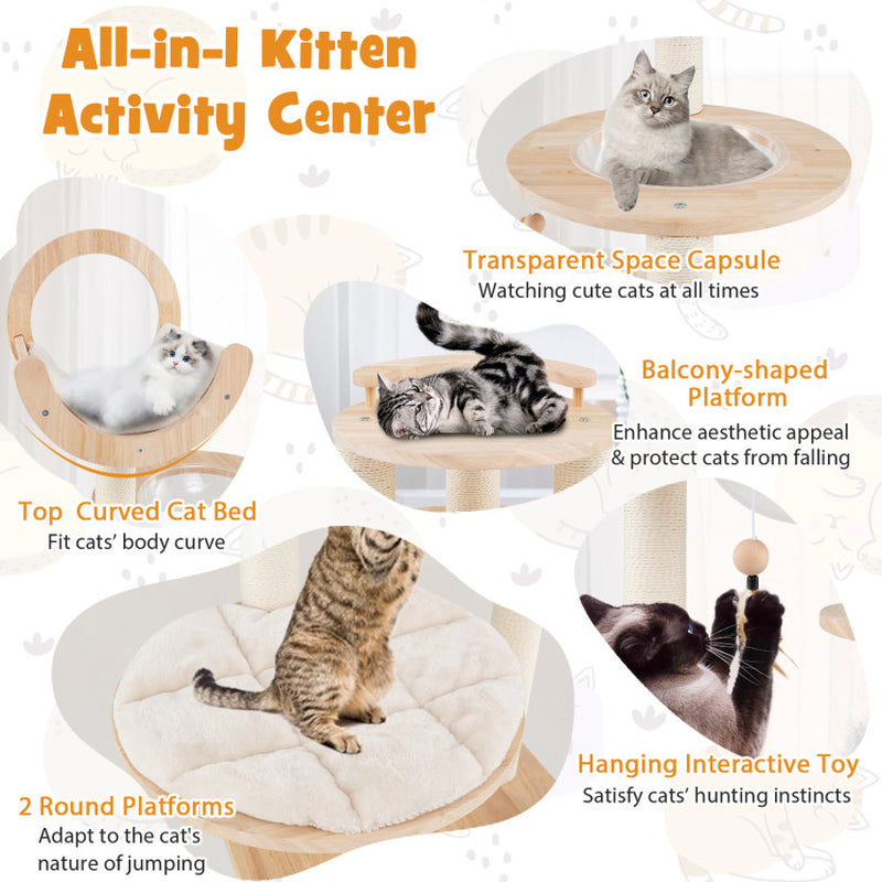 4-In-1 Large Wooden Cat Tower with Space Capsule Nest for Indoor Cats
