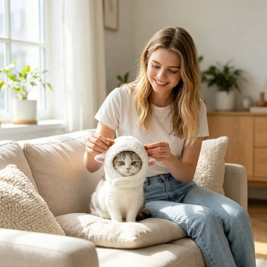 A woman in a white t-shirt and jeans sits on a beige sofa next to cat with hat, gently playing with the tan horns on a fluffy white sheep hat with pink ears, in a bright modern living room.