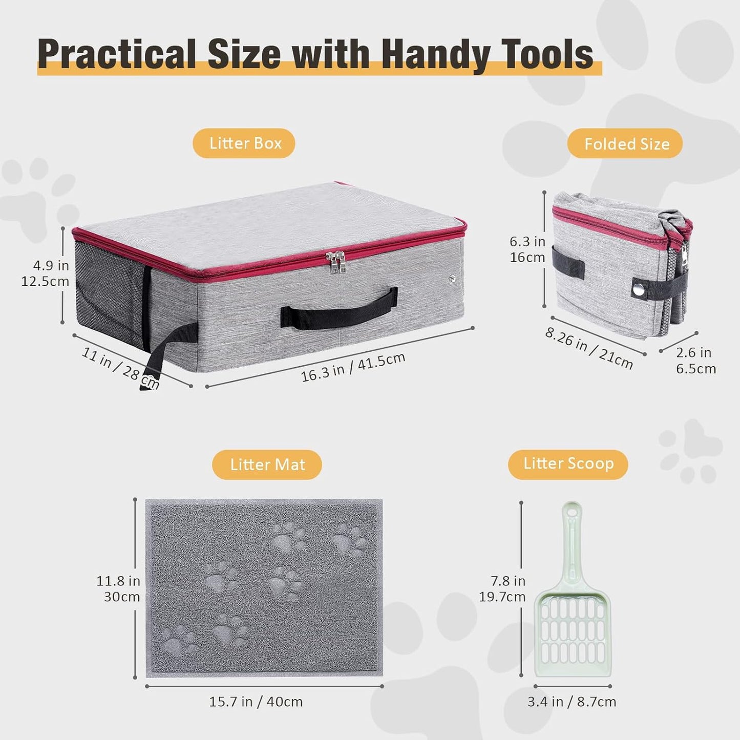 Travel Litter Box for Cats, Waterproof Leak-Proof Foldable Collapsible Kitty Box with Zipped Lid, Mat and Scoop, Easy to Carry Ideal for Hotels Cars