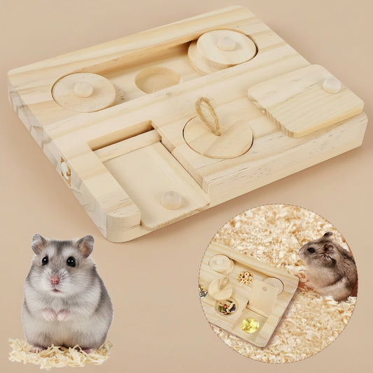 Wooden hamster puzzle toy with a hamster and close-up on a white background
