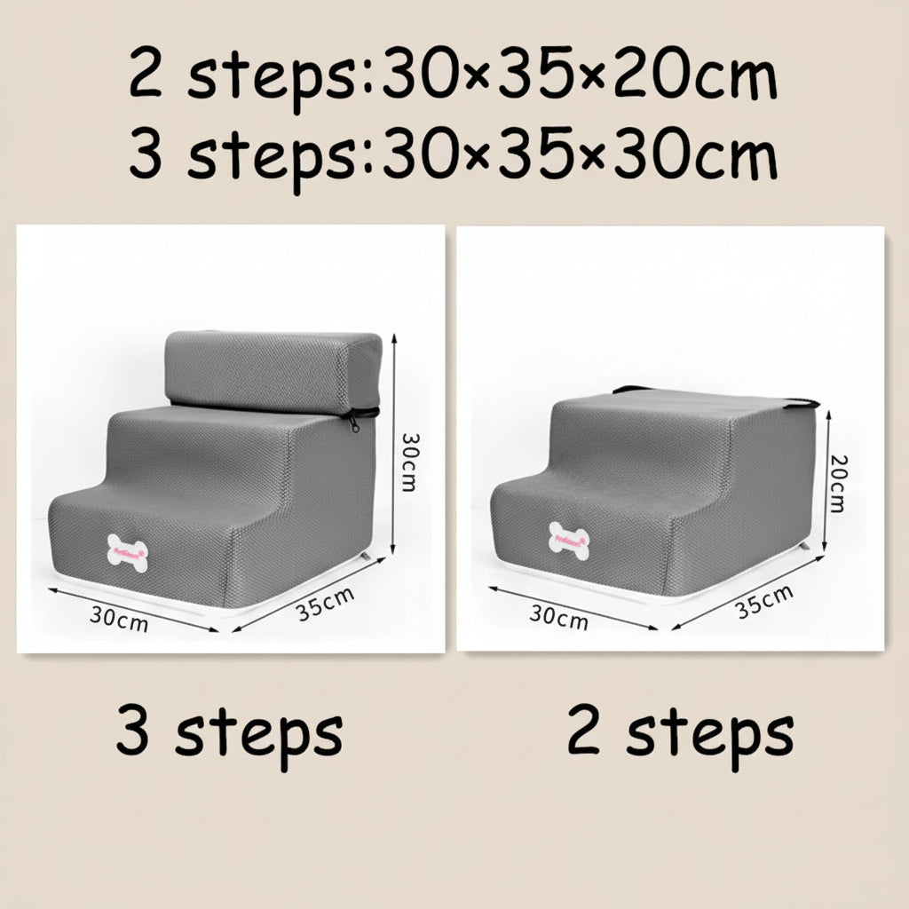 Gray pet steps with measurements on a white background