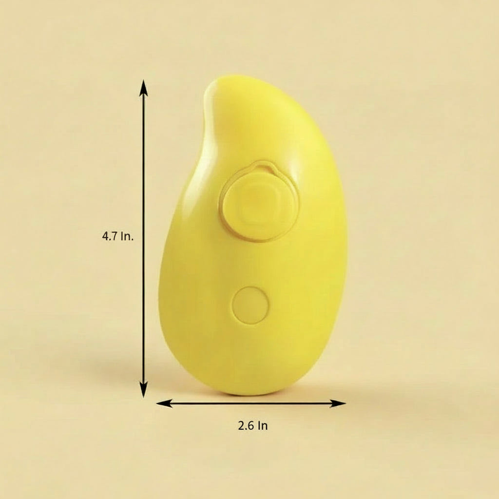 Yellow device with dimensions labeled on a beige background
