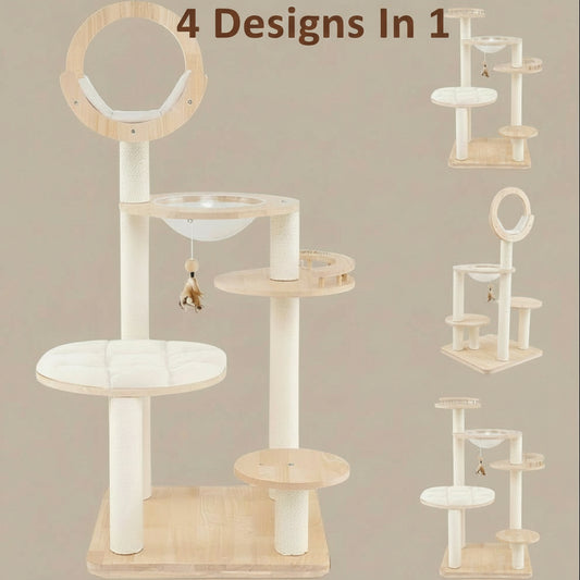 4-In-1 Large Wooden Cat Tower with Space Capsule Nest for Indoor Cats
