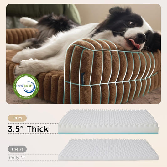 Dog lying on a brown pet bed with a CertiPUR-US logo, comparing two mattress thicknesses.