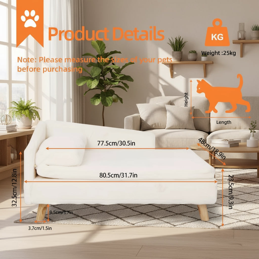 Luxury Elevated Dog Sofa Bed with Backrest Plush Cushion Wooden Legs Raised Dog Bed Lounger Chair for Small Medium Dog Cat Chair