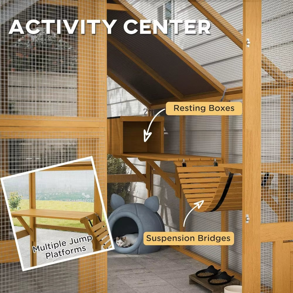Large Catio Outdoor Cat Enclosure for Multiple Kittens, Wooden Cat House with Waterproof Cover, Walk in Kitty Cage Kennel With