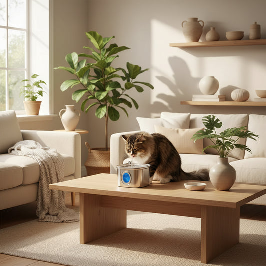 Cat drinking water from a stainless steel pet fountain on a living room table.