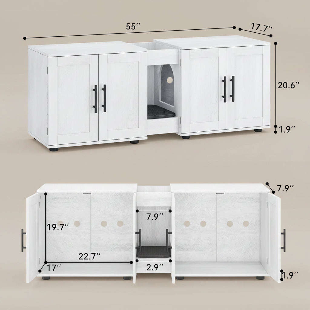 White pet cabinet with dimensions labeled on a beige background