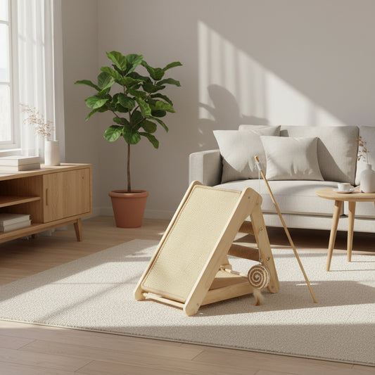 A wooden 45 degree angle scratching post and toy on living room floor.