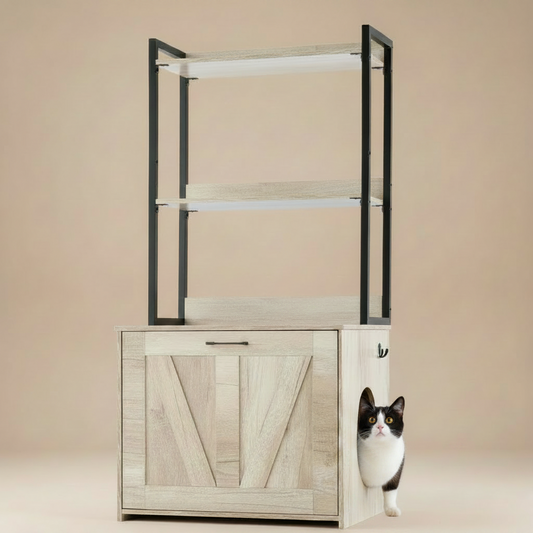 Furniture piece with shelves and a cabinet, featuring a cat peeking out from behind.