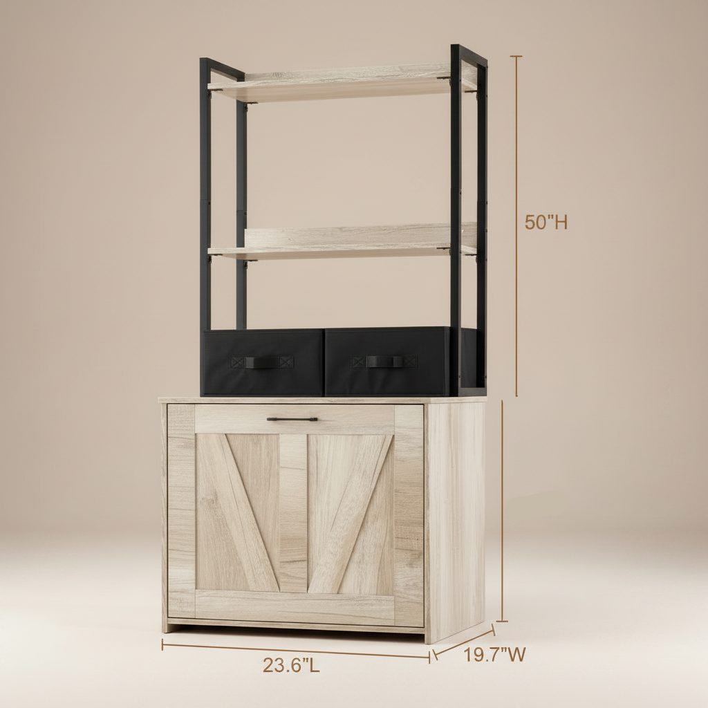 Furniture piece with shelves and a cabinet, featuring products dimensions.