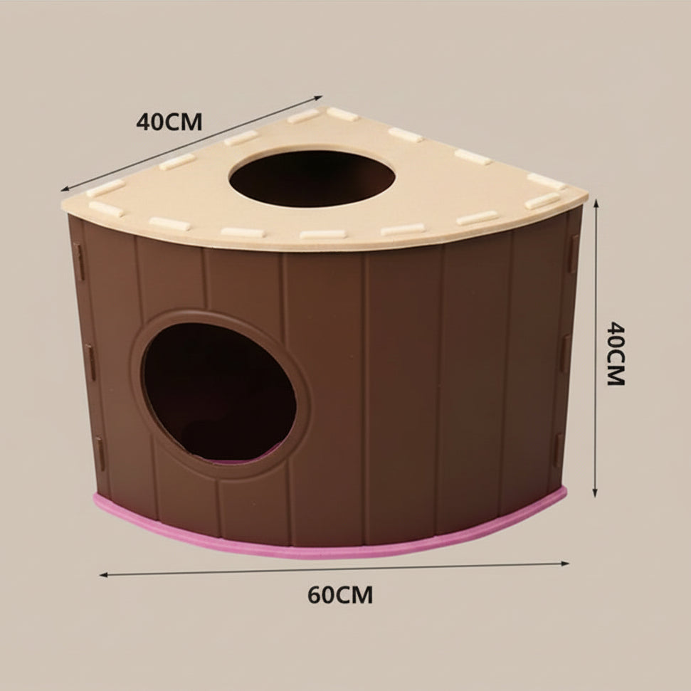 A brown and beige triangular cat house with circular openings, shown with dimension labels indicating 40CM width, 40CM depth, and 40CM height on a light gray background.