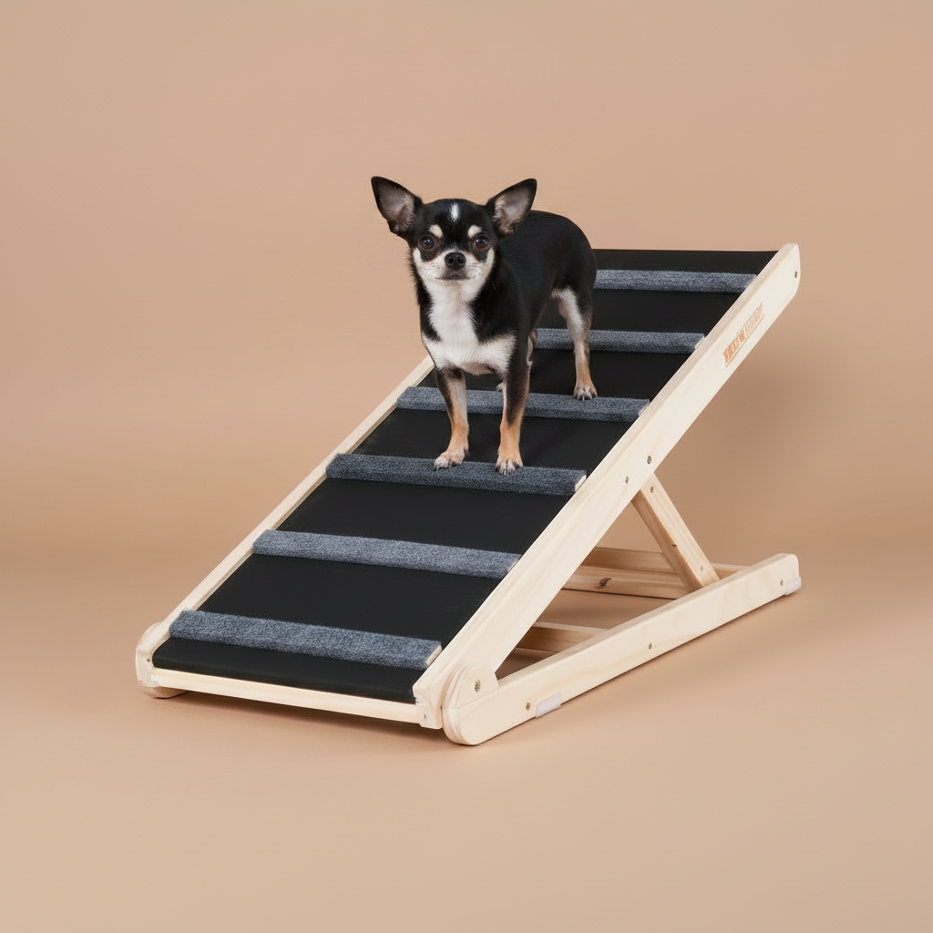 Dog climbing a set of wooden stairs with a black mat on a beige background