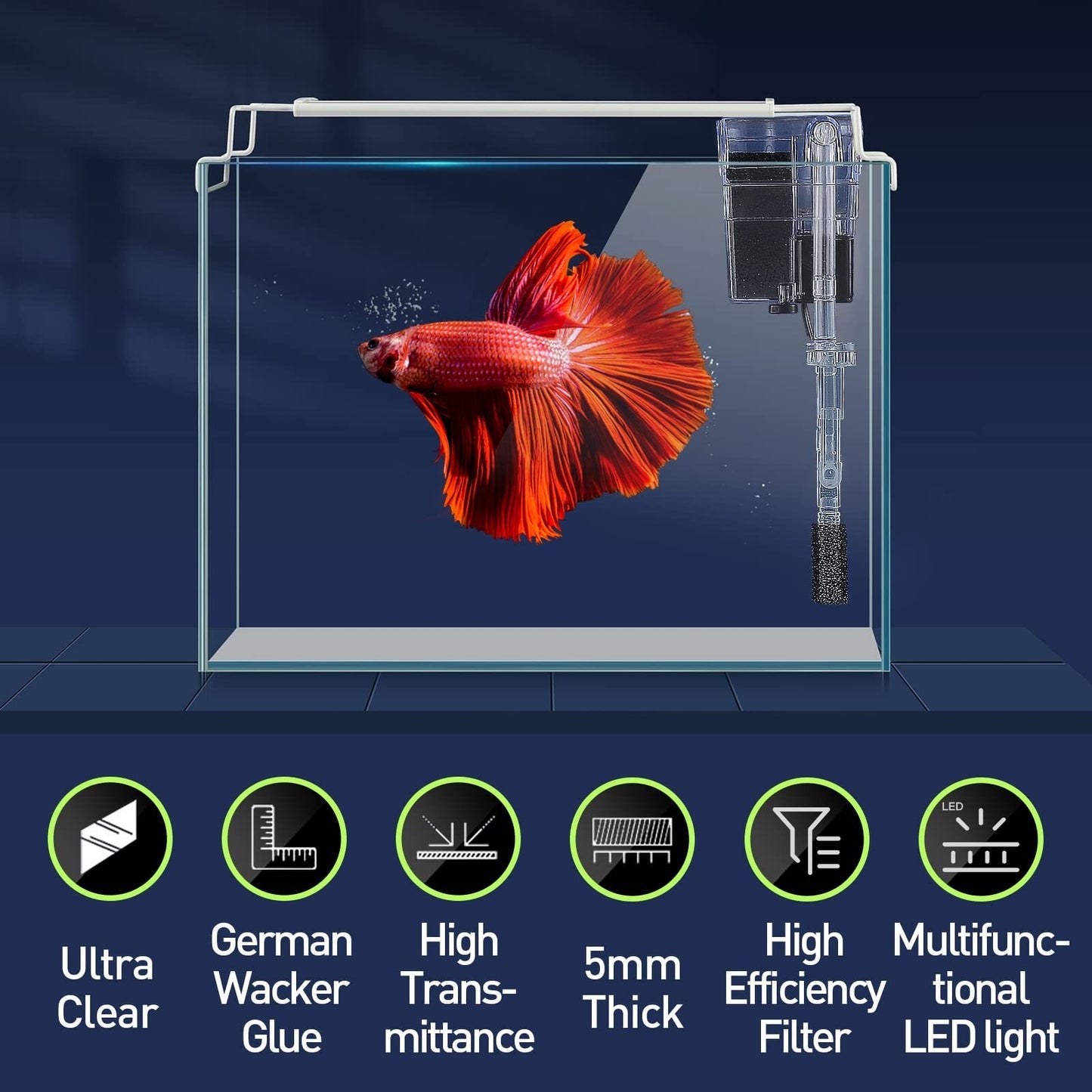 Rimless Glass Aquarium Starter Kit (3 Gal), Ultra Clear Low Iron Glass Fish T...