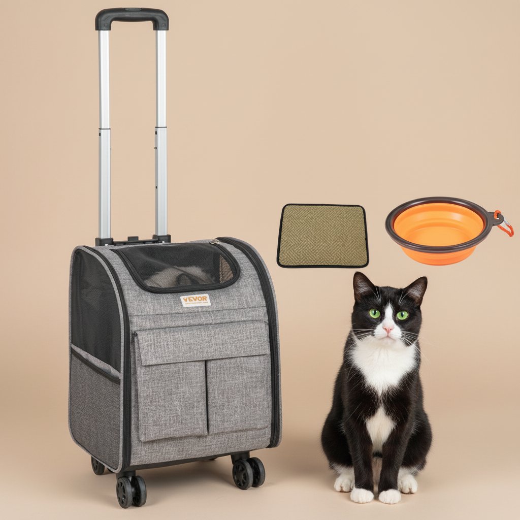 Pet travel carrier with wheels, backpack, and accessories on a beige background