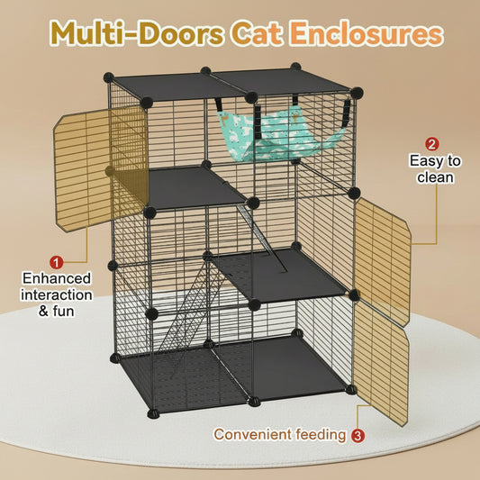 Cat enclosure with multiple doors and features highlighted, set against a neutral background.