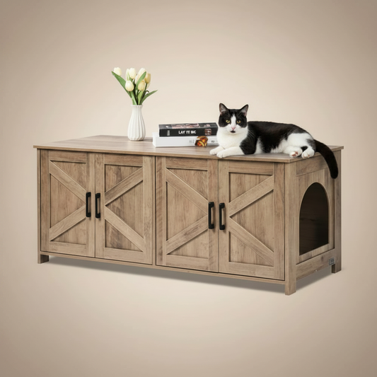Wooden pet furniture with a cat sitting on top, books, and a vase on a white background