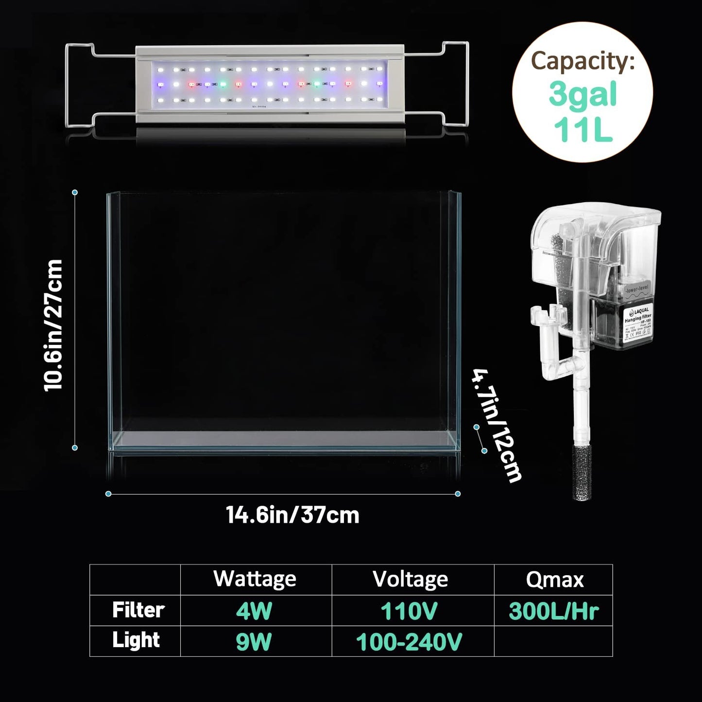 Rimless Glass Aquarium Starter Kit (3 Gal), Ultra Clear Low Iron Glass Fish T...