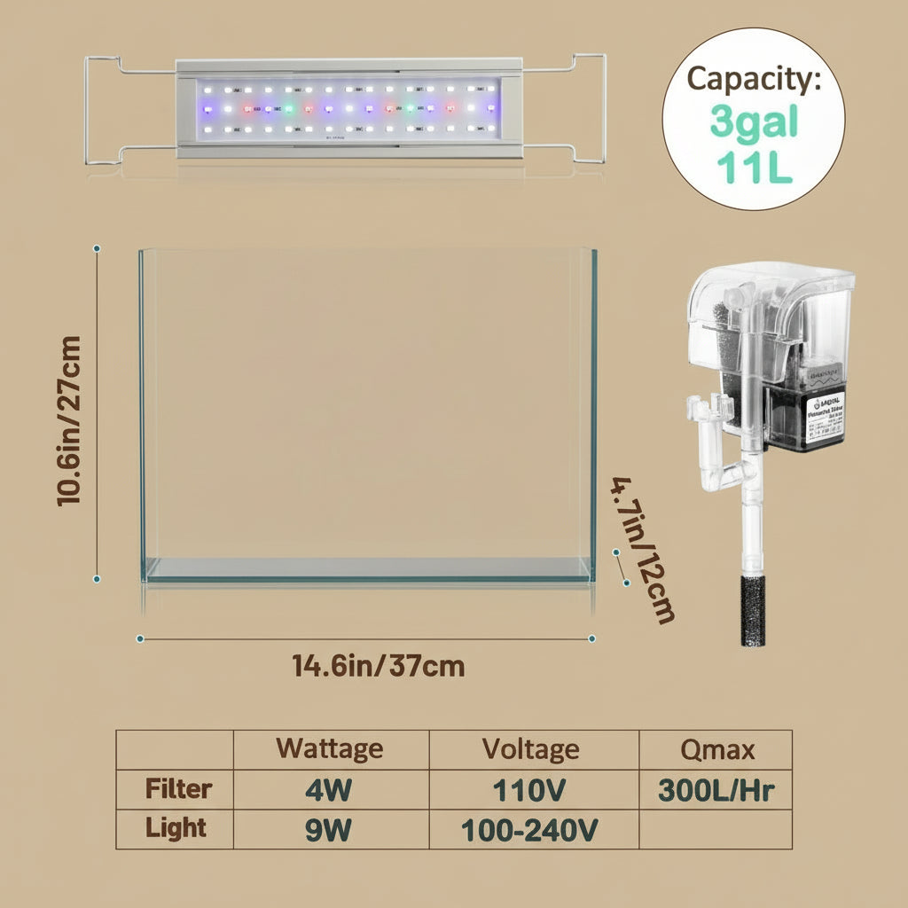 Rimless Glass Aquarium Starter Kit (3 Gal), Ultra Clear Low Iron Glass Fish T...
