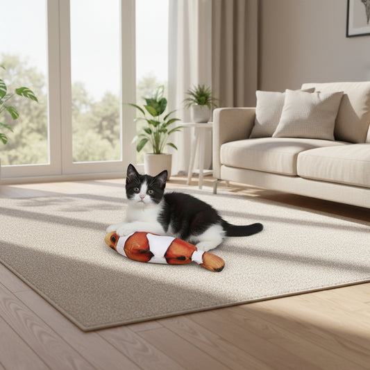 Cat playing with an automatic tail swing electric fish toy in a living room setting.