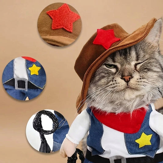 Cat wearing a cowboy costume with accessories on a beige background
