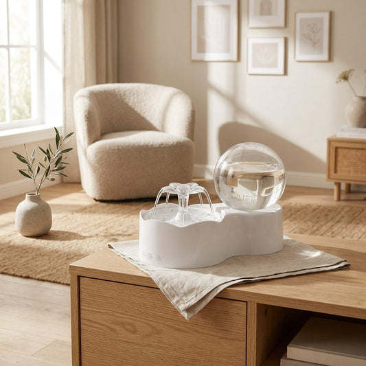 A modern dual-fuel pet water fountain with a white plastic base, featuring a small cascading fountain on the left and a clear glass water ball on the right.