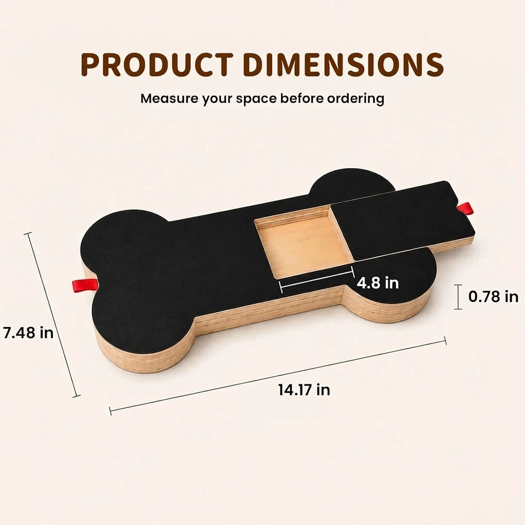 Product dimensions diagram of a bone-shaped pet ramp or slide, showing black textured surfaces, natural wood sides, and red guide tips on a light beige background with text reading 'PRODUCT DIMENSIONS'.