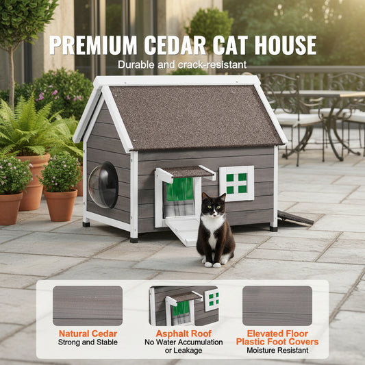 Premium cedar cat house with a cat sitting outside on a patio, featuring text about durability and features.