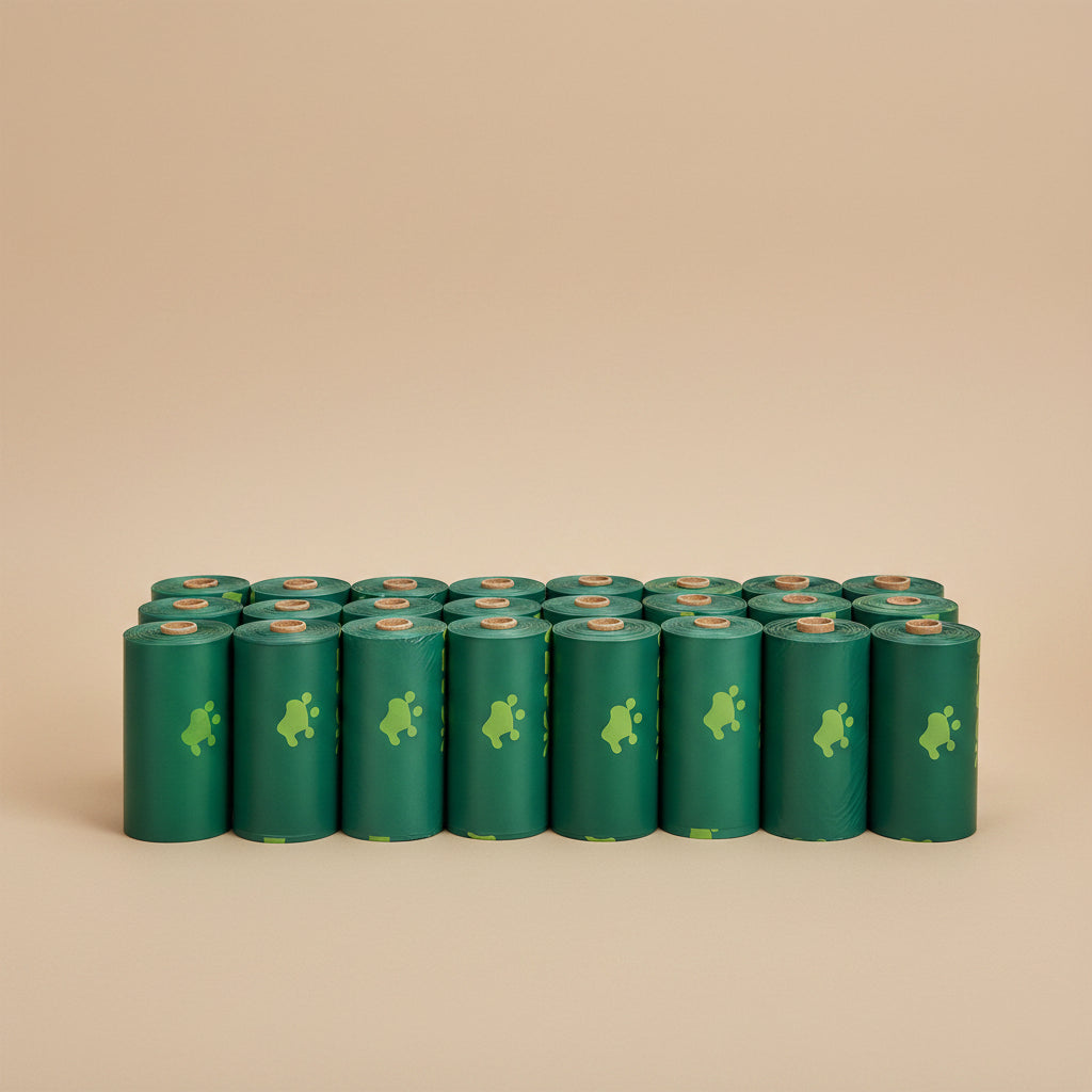 Multiple green waste bag rolls with a logo on a beige background