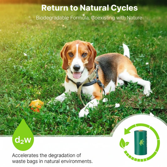 Dog lying on grass with text about biodegradable waste bags and d2w brand.