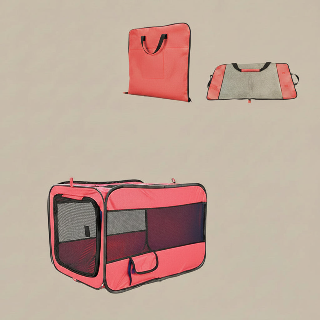 Pink pet carrier with dimensions 57 * 36 * 36CM on a white background