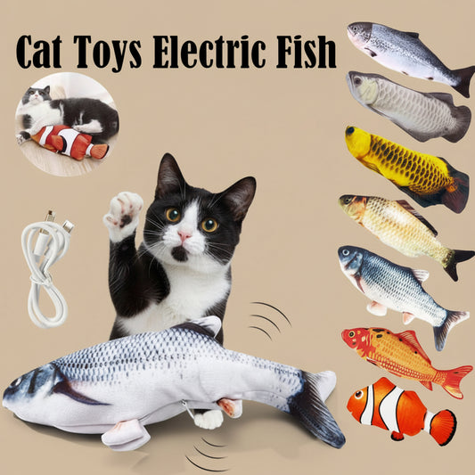 Cat toys including electric fish and a cat playing with one, on a beige background.