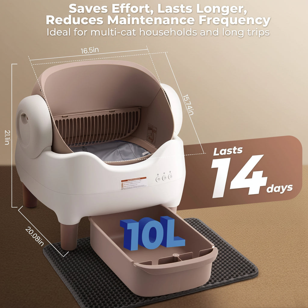 Pet litter box with dimensions and text about its benefits and capacity on a blurred background.