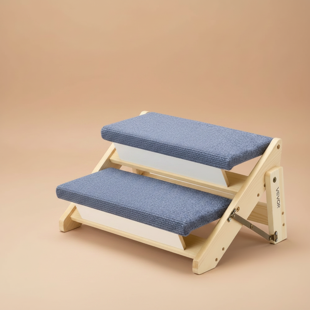 Pine wood folding pet stairs with 2 blue carpet covered steps on a beige background