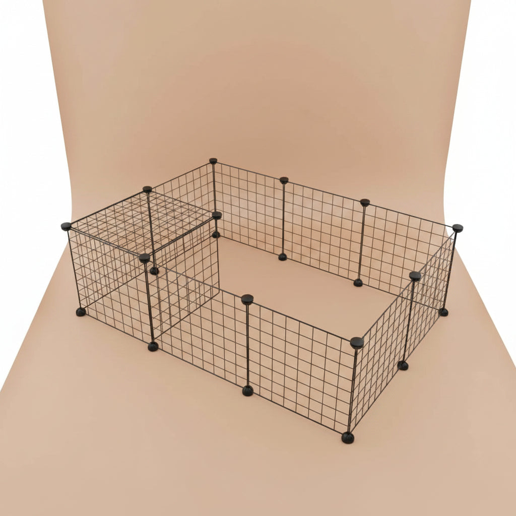 Black wire pet playpen on a beige background