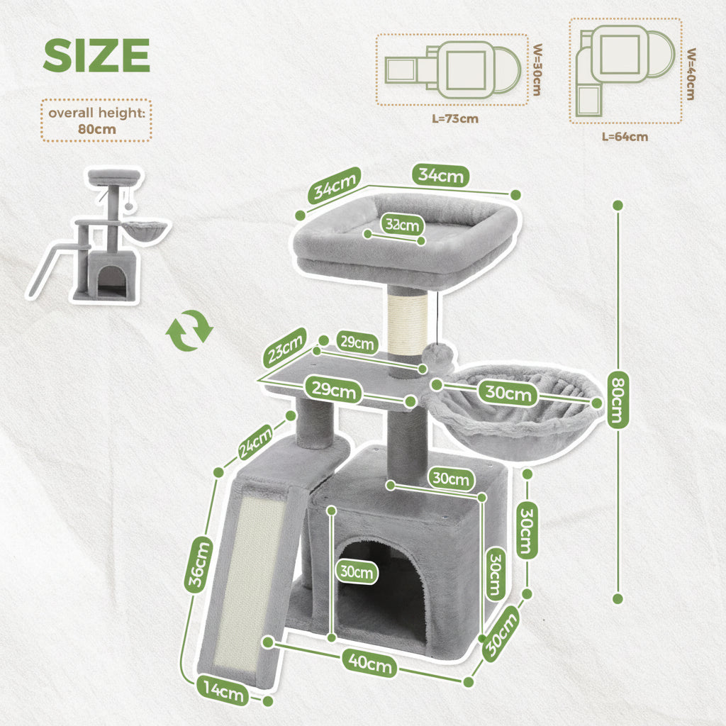Cat tree with dimensions labeled on a white background