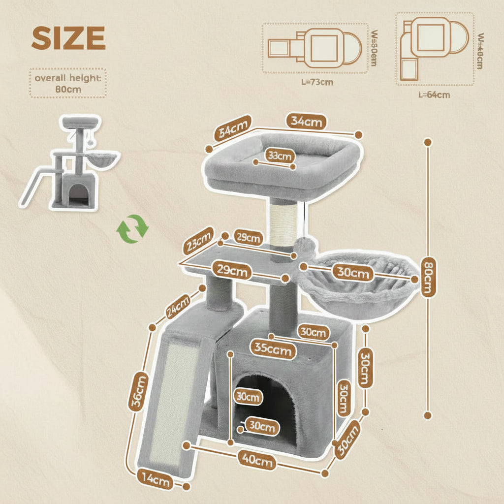 Cat tree with dimensions labeled on a white background