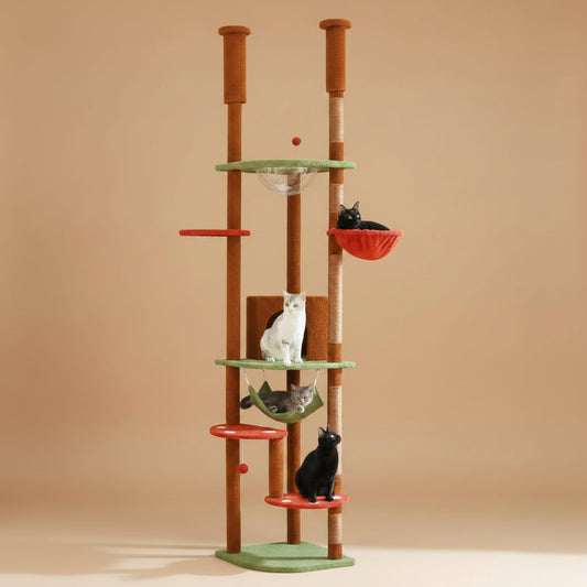 Cat tree with multiple levels and perches on a beige background
