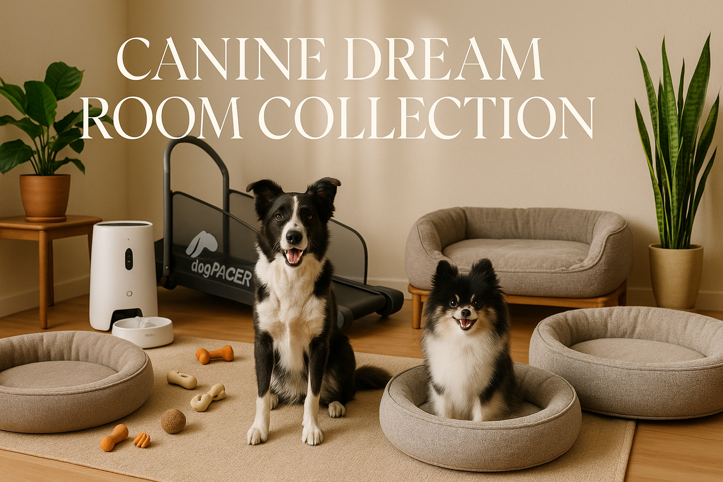 keep image make the smaller dog a black and white Pomeranian and add another plant and dog bed