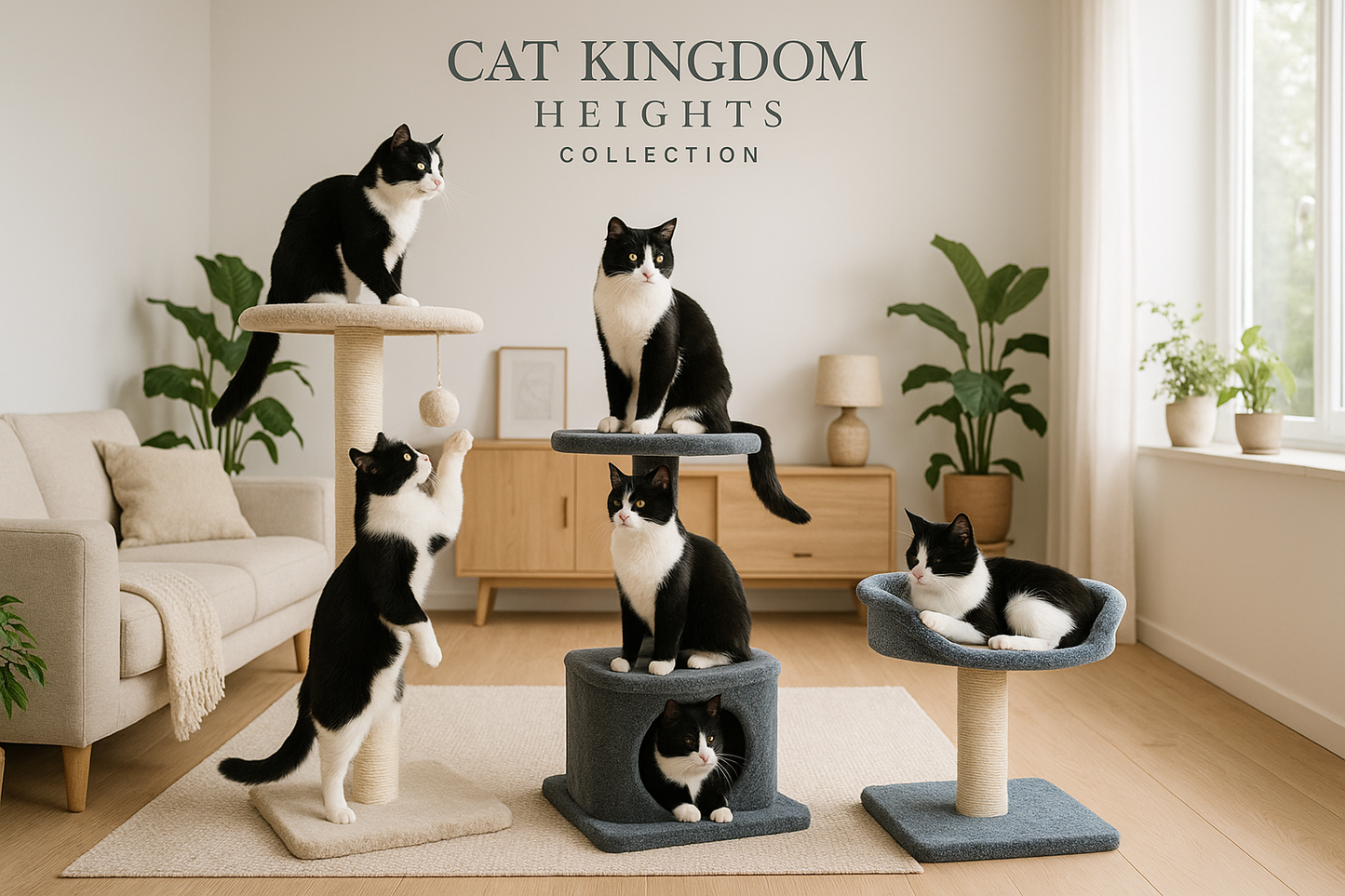 Cat Kingdom Heights collection with multiple cat trees and cats in a home setting.
