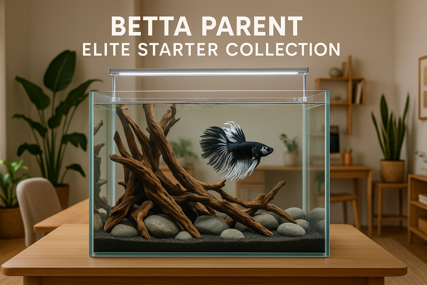 Betta fish in an aquarium with driftwood and stones on a wooden table, with text 'Betta Parent Elite Starter Collection' above.