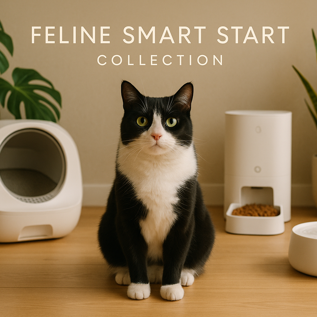 Cat sitting on a wooden floor with pet products and plants in the background, labeled 'Feline Smart Start Collection'.