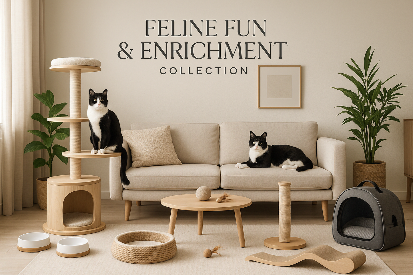 Cat furniture and toys in a living room setting with 'Feline Fun & Enrichment Collection' text.